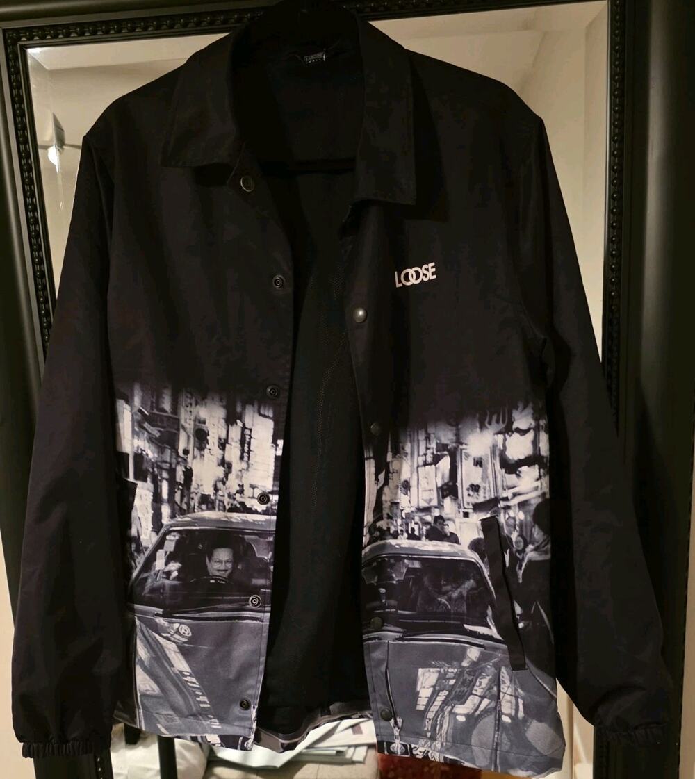 LOOSE Brand Jacket Mens SM Black Graphic Print Bomber Streetwear Japanese Urban
